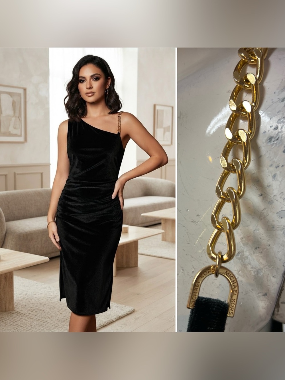 Michael Kors Women’s M Black Velvet Stretchy Ruched Gold Chain Midi Dress